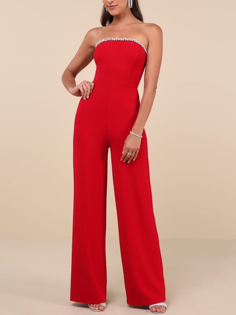 Lulus Lavish Muse Red Rhinestone Strapless Jumpsuit Size M NWT